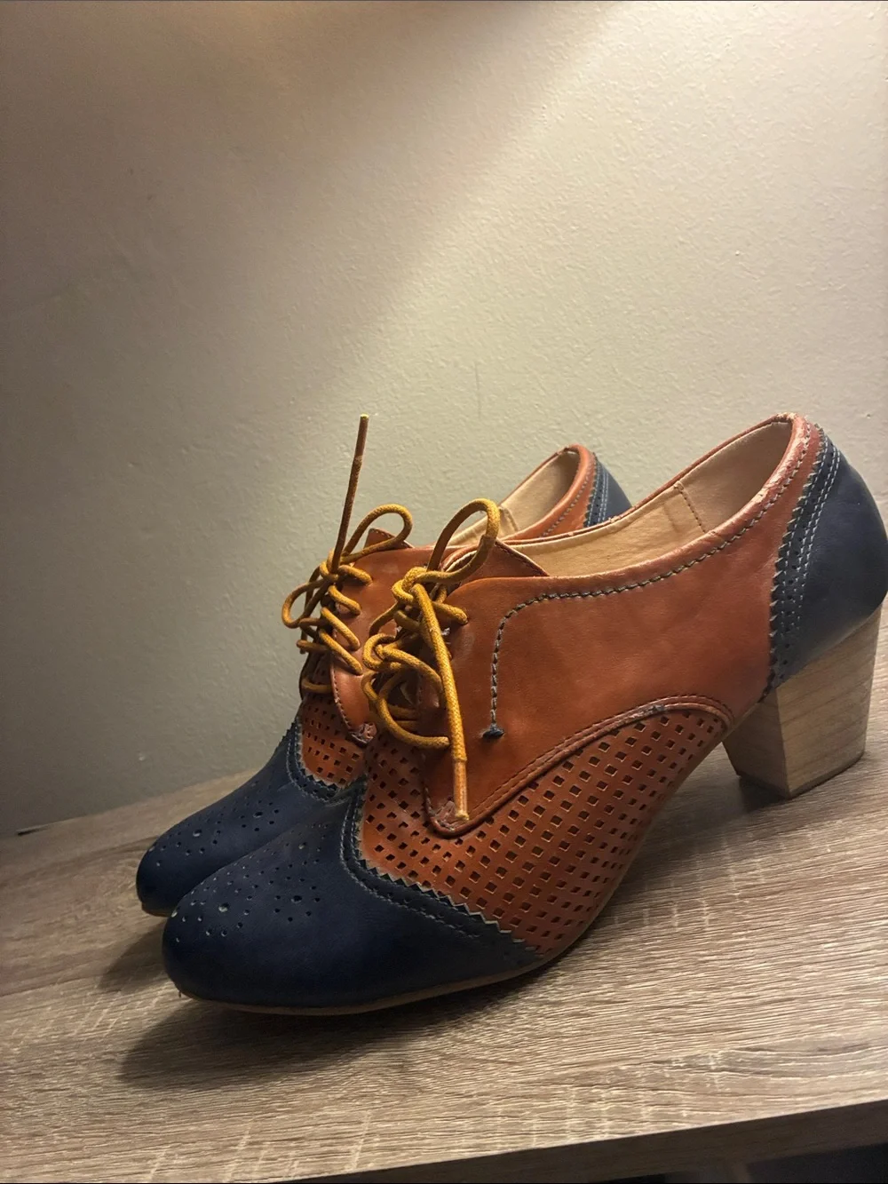 ModCloth Navy, Brown and Mustard Lace-Up Heeled Oxfords